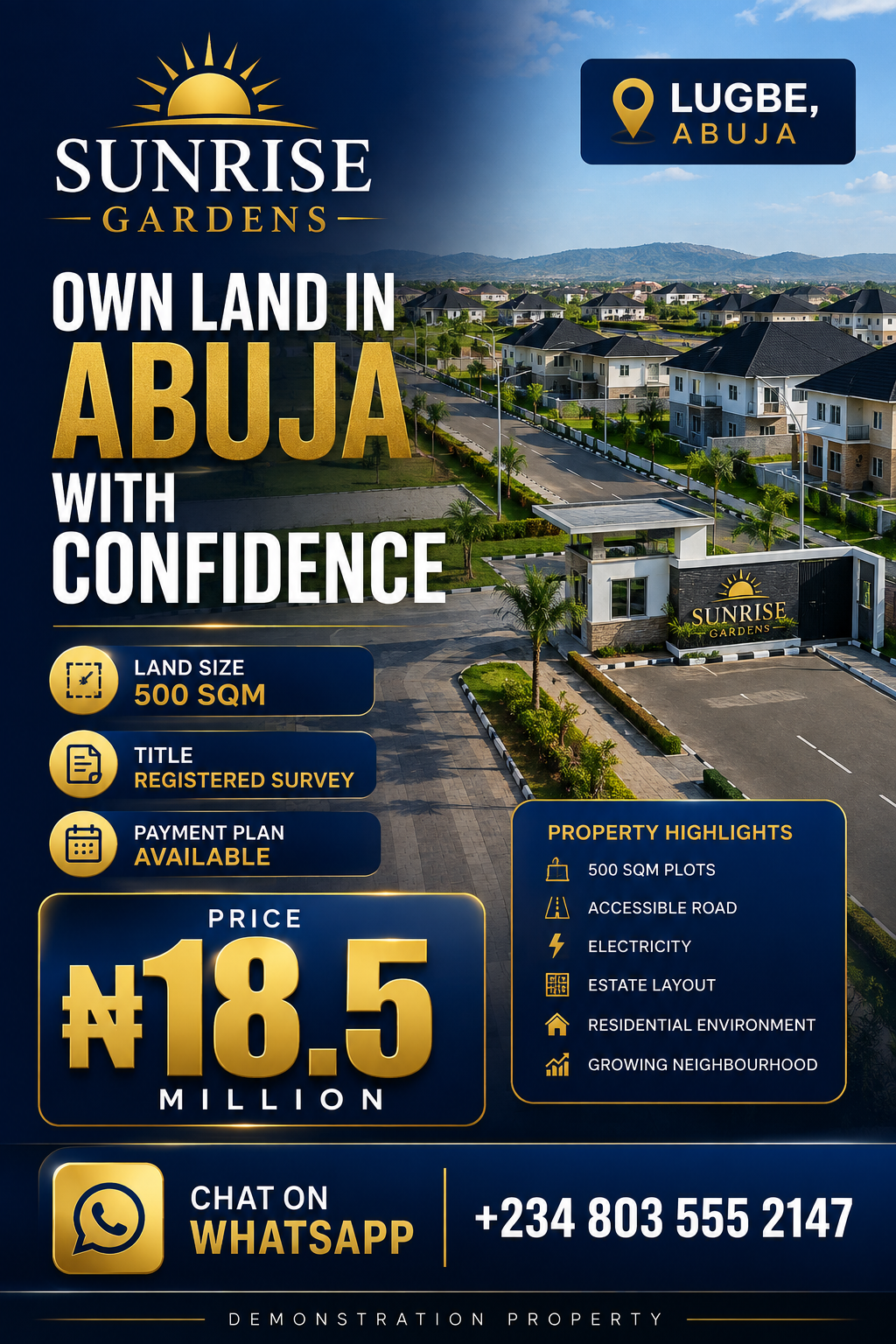 Sunrise Gardens residential land in Lugbe, Abuja — 500 SQM plots with registered survey